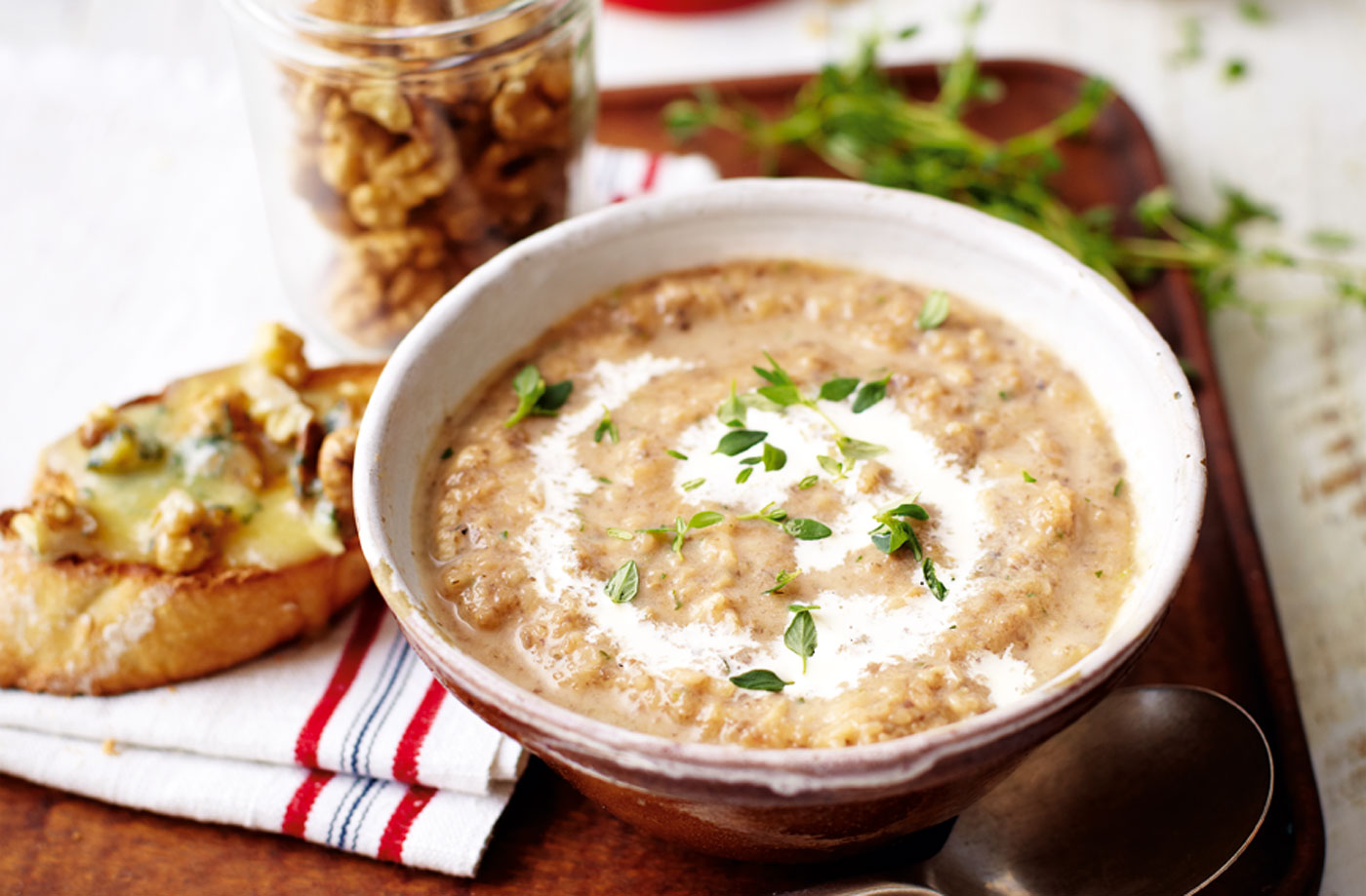 Mushroom, thyme and wild rice soup with Stilton and walnut croutes recipe