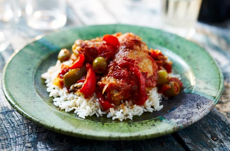 Try this delicious chicken casserole with a mix of peppers, onions, tomatoes and olives