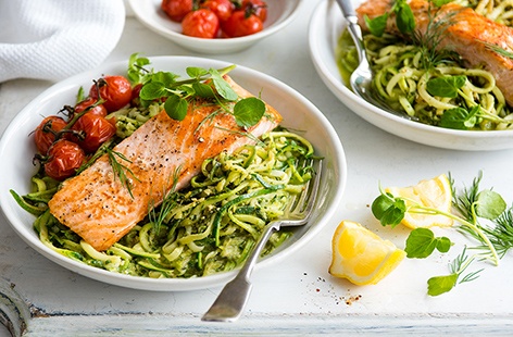 Using pre-prepared courgetti makes this salmon recipe super speedy to prepare, while a homemade watercress and dill pesto adds heaps of flavour