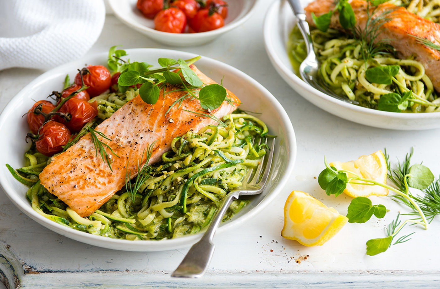 Salmon and courgetti with watercress and dill pesto recipe