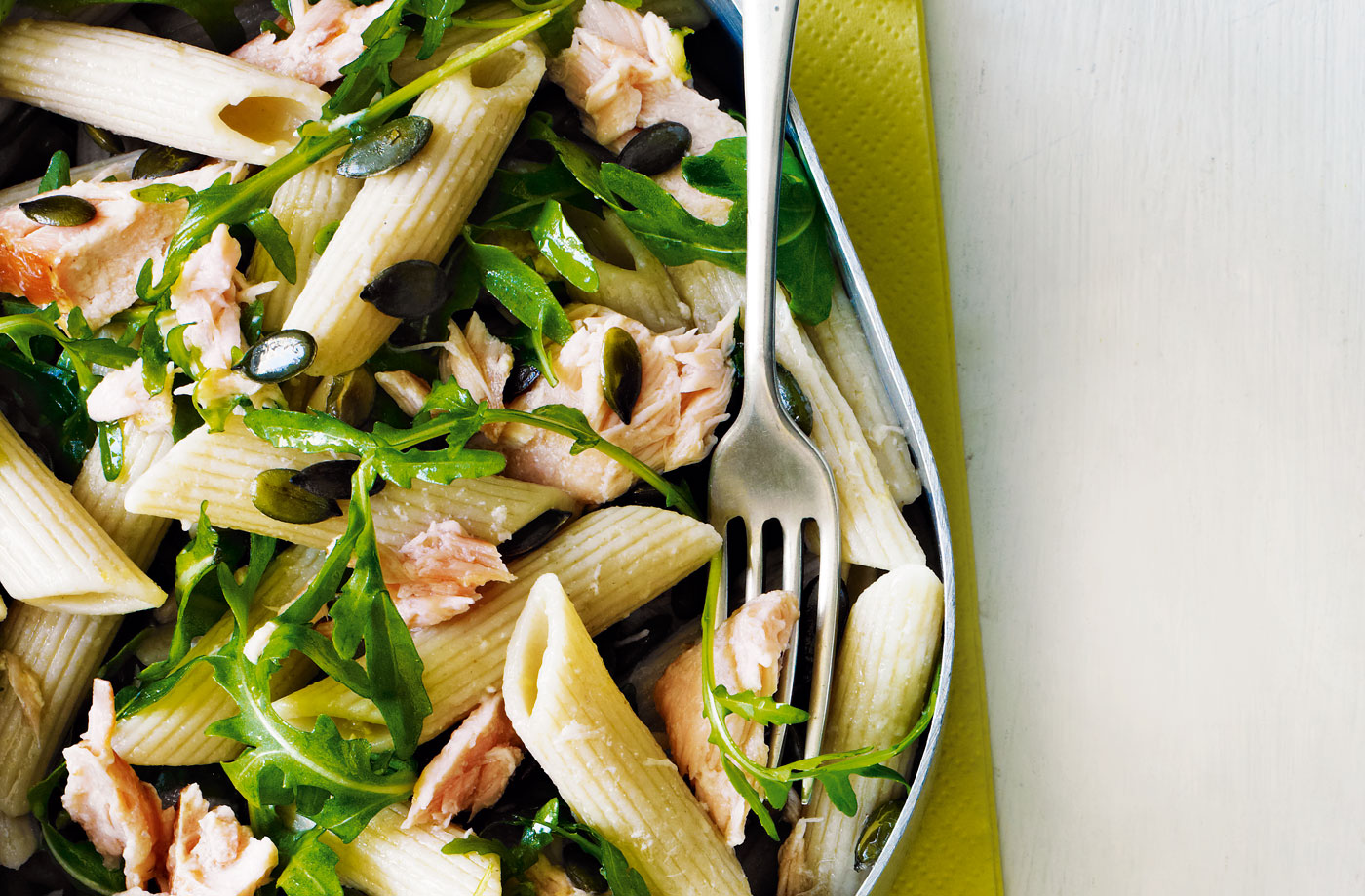 Hot smoked salmon and rocket pasta salad recipe