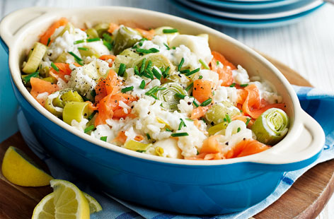 A low effort, one-pot dish which combines roasted leeks, tender rice and smoked salmon in a delicious cheese and chive sauce