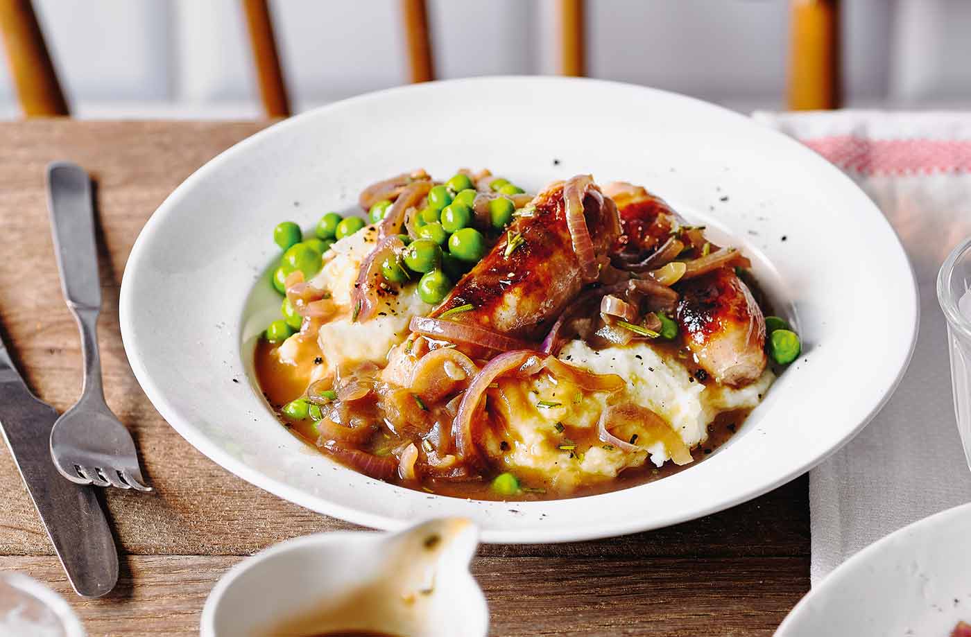 Sausages with mashed cauliflower and parsnip recipe