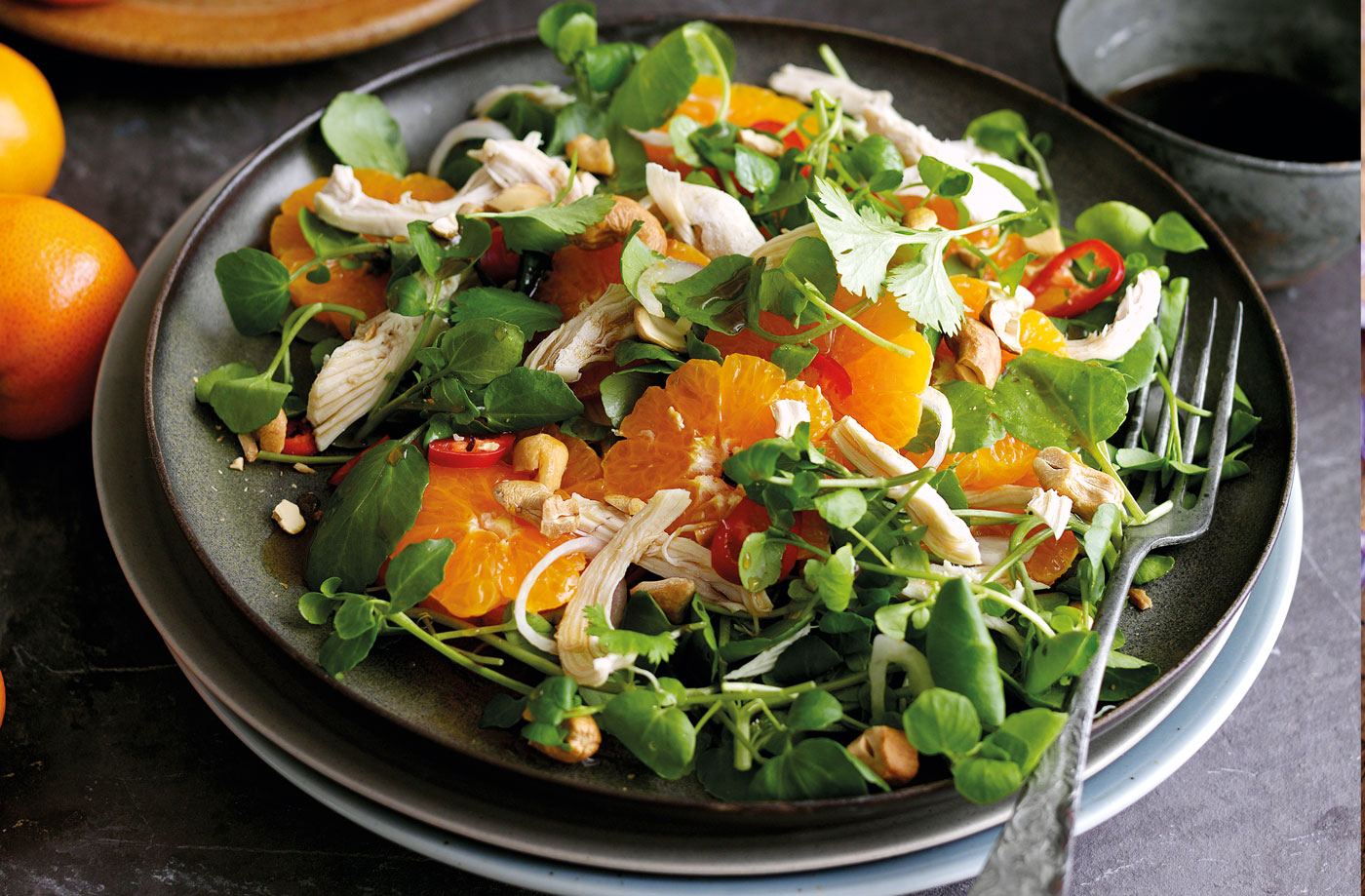 Shredded chicken and clementine salad with sweet soy dressing recipe
