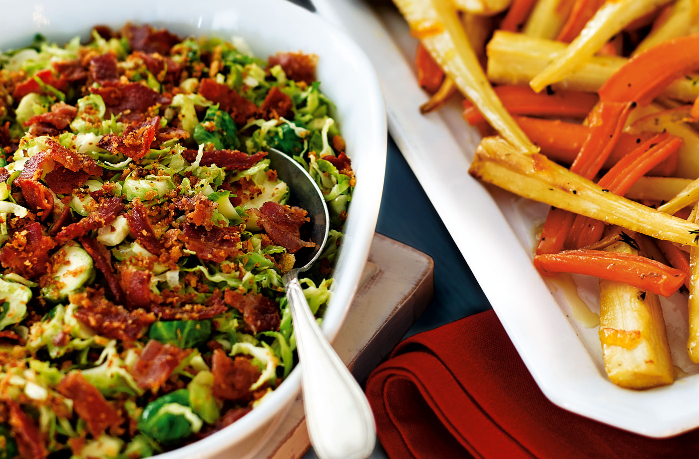 Shredded sprouts with lemon and bacon crumble recipe