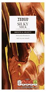 Tesco Silky Milk ChocolateMade with 32% cocoa solids, with hints of vanilla and malt