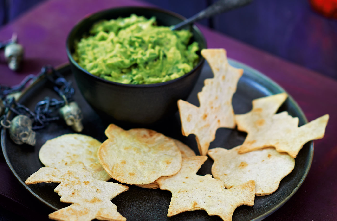Slime dip with spooky tortilla shapes recipe
