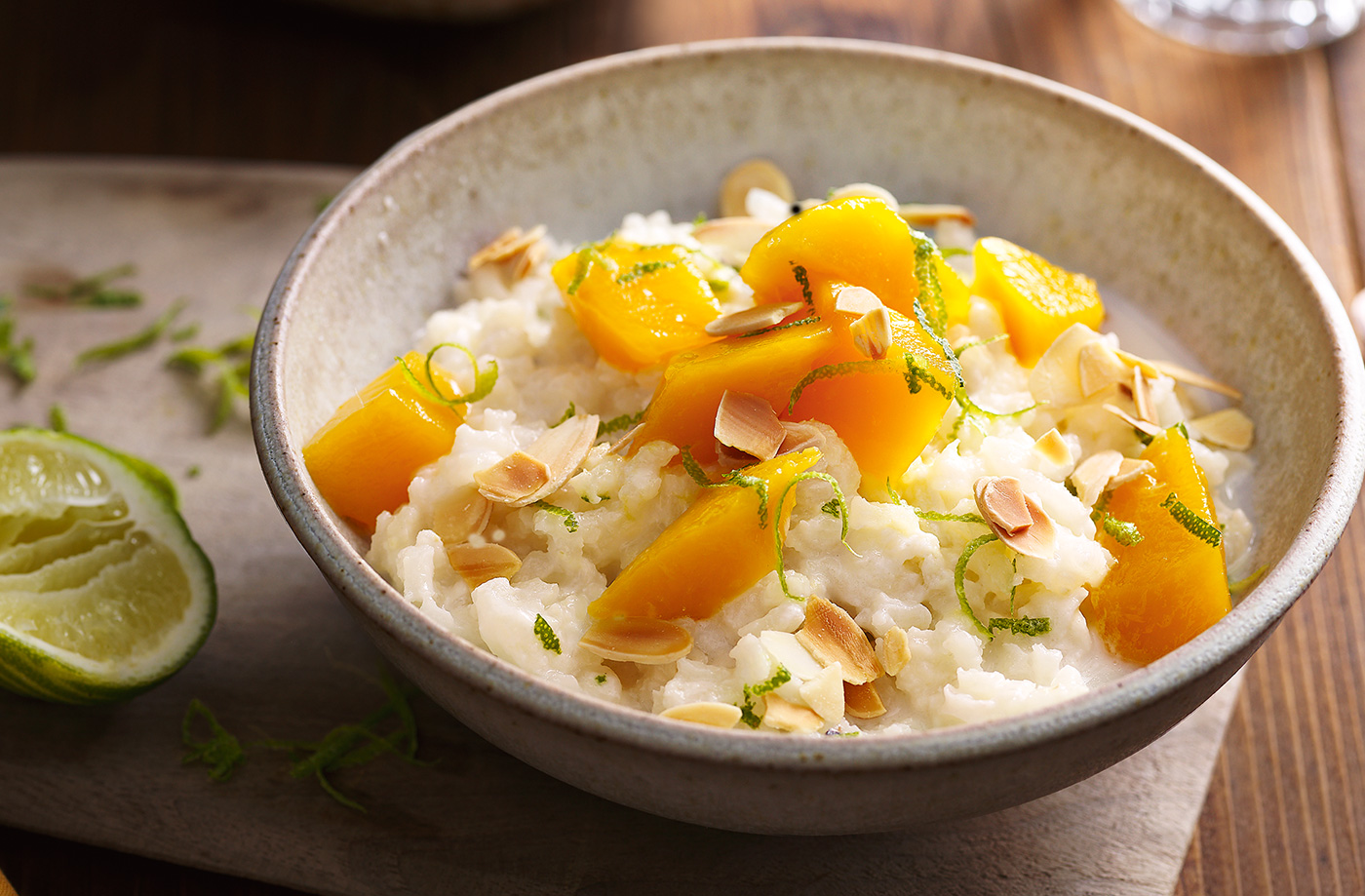 Slow-cooked mango rice pudding recipe