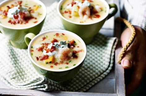Smoked haddock, sweet potato streaky bacon and prawns are all given equal footing in this comforting chowder recipe. From the hob to your table in under an hour, it's a dish that should warm you up on even the most miserable of winter evenings.