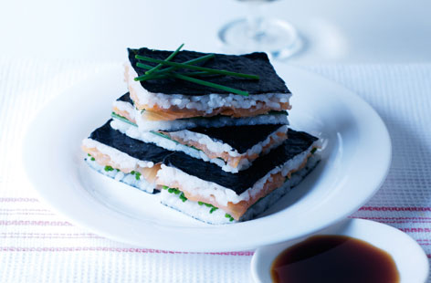 Sandwich smoked salmon and chives between seasoned sushi rice and nori in these delicate sushi sandwiches.