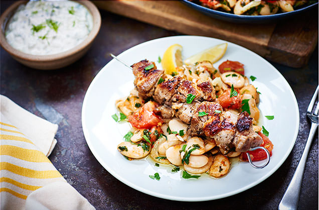 Pork souvlaki with Greek-style butter beans recipe