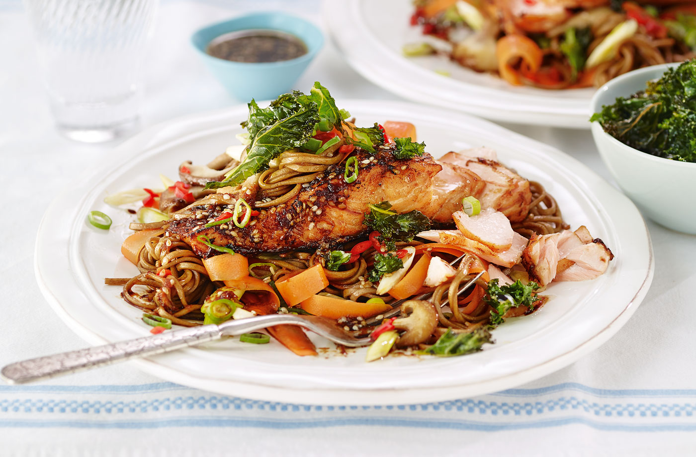 Soy and sesame salmon with noodles and crispy kale recipe