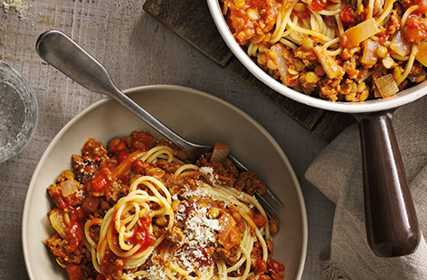 For an easy way to eat less meat, revamp a classic spaghetti Bolognese recipe with beef-and-veg mince, which contains more than 30% carrot, onion and butternut squash