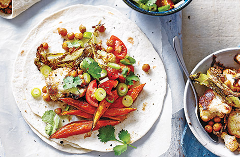 For a fun vegan feast, try these spicy cauliflower tacos and load up on colourful veggies