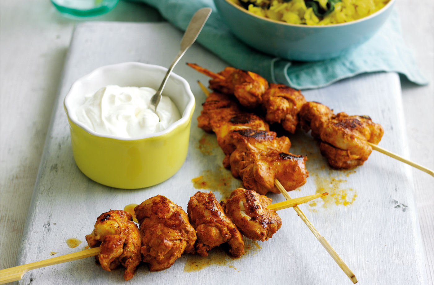 Spiced chicken skewers with herby rice recipe