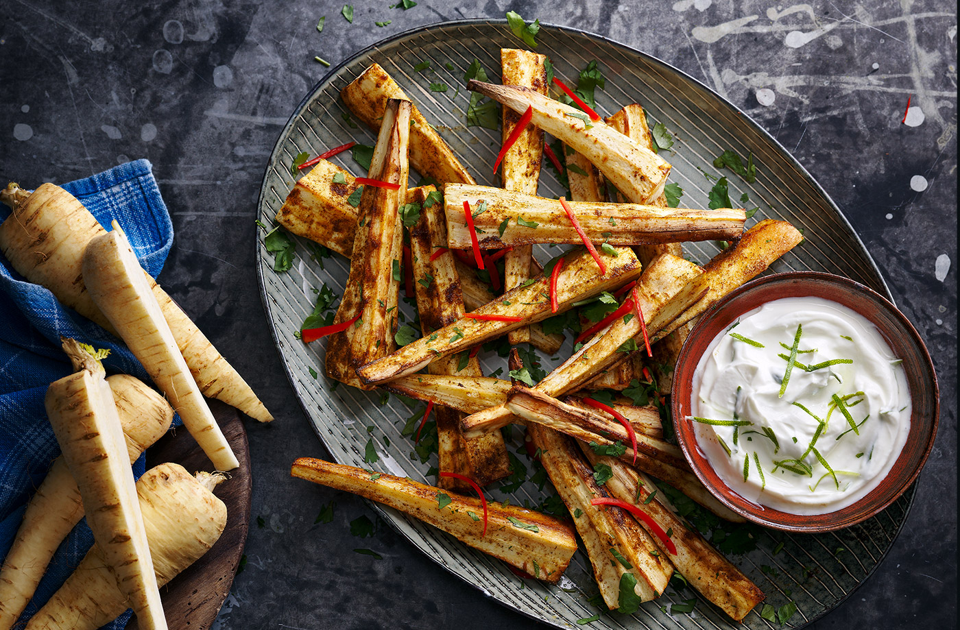 Spiced roast parsnips with zesty yogurt recipe
