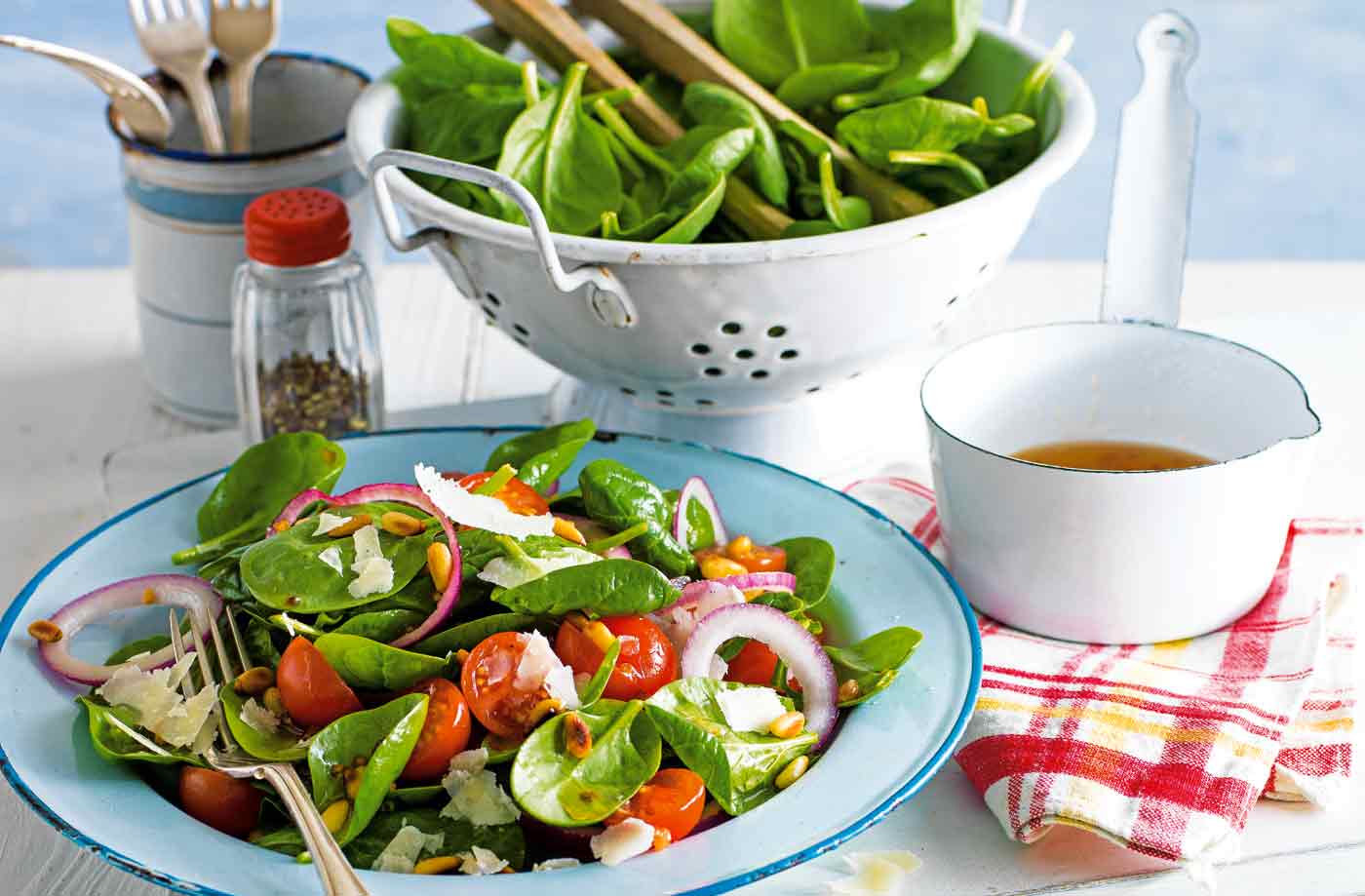 Spinach salad with warm lemon and garlic dressing recipe