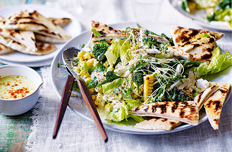 Bursting with spring flavours, this medley of vibrant veggies combines grilled sweetcorn, tender broccoli, crisp lettuce, tangy feta and crunchy pitta toasts. A refreshing yogurt dressing makes this nutritious salad the perfect way to celebrate the season.