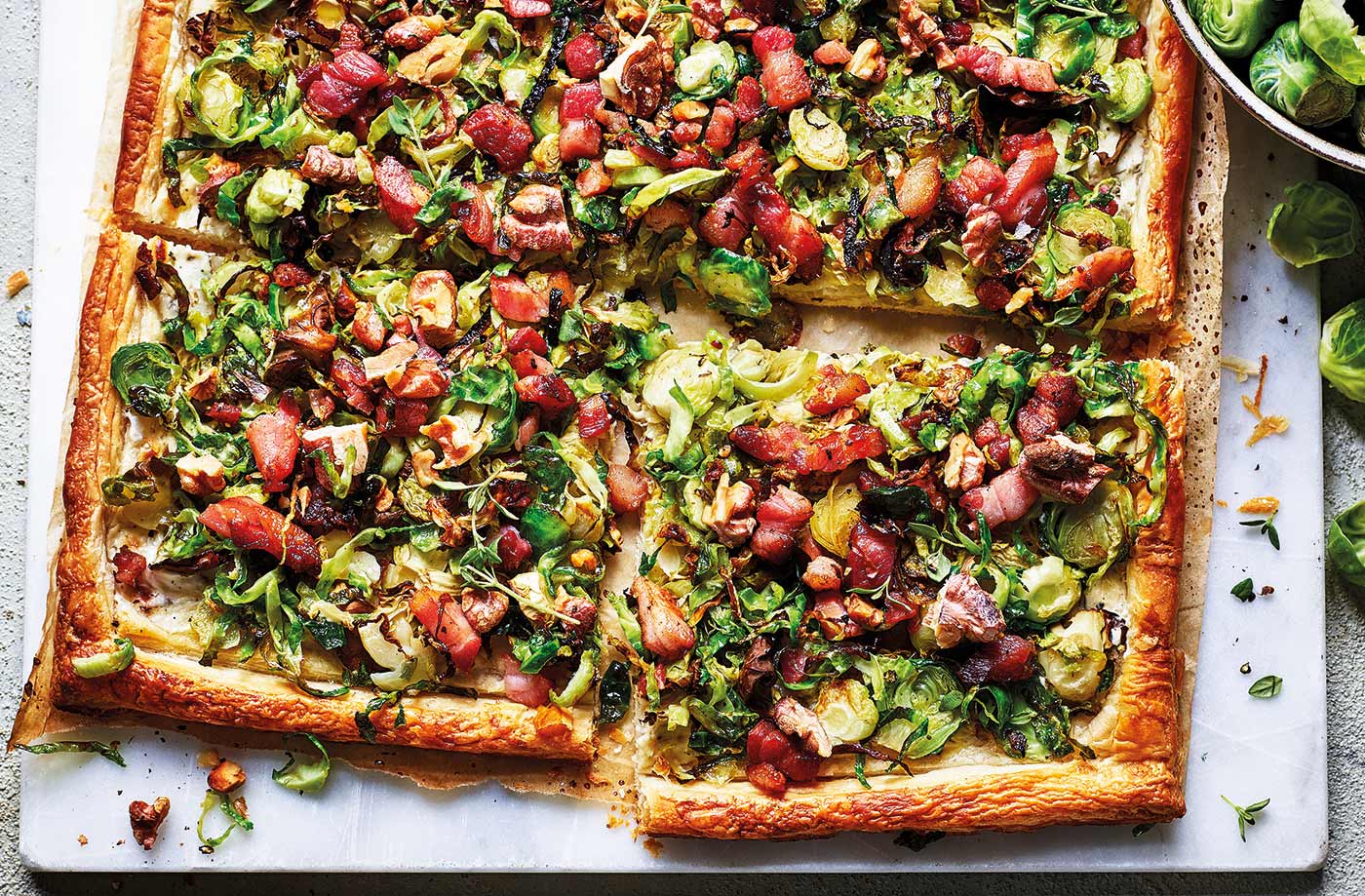 Shredded sprout and bacon tart recipe