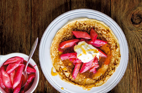This stewed rhubarb with soured cream and maple syrup topping will make any Pancake a delight
