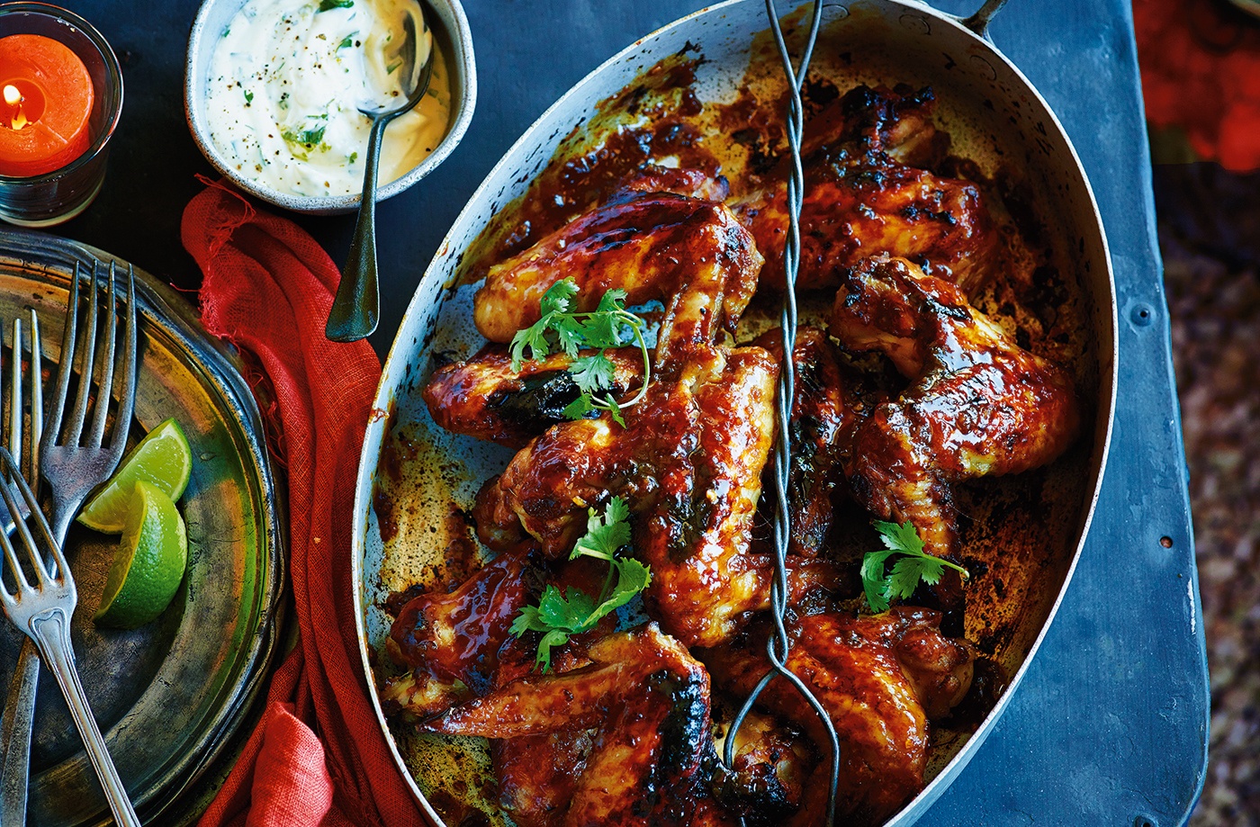 Sticky tamarind chicken with soured cream dip recipe