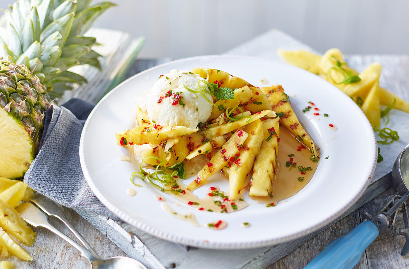 Sticky chilli pineapple with piña colada ice cream recipe