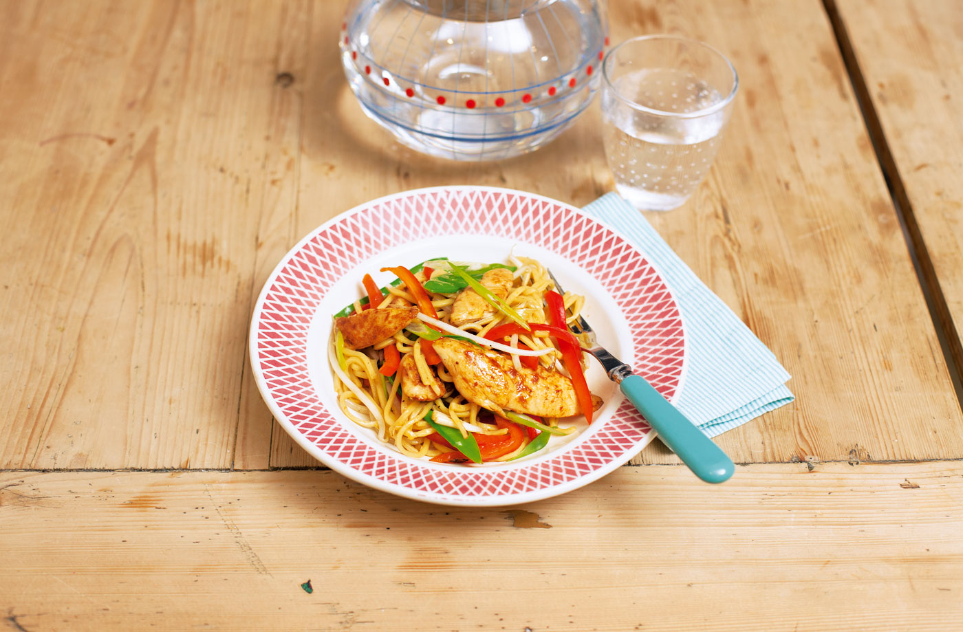 Stir-fried chicken noodles with vegetables recipe