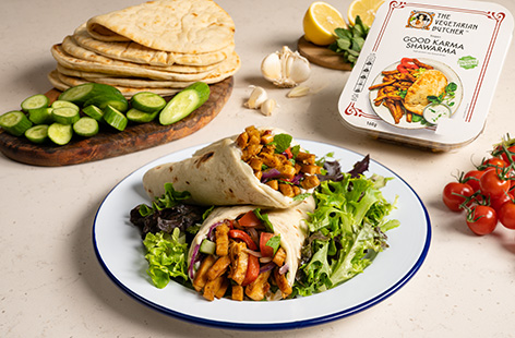 Sue can make some easy swaps to make her wraps vegan, with The Vegetarian Butcher’s Good Karma Shawarma pieces and creamy Hellmann’s vegan mayo.