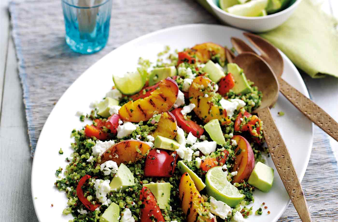 Summer salad with feta, peach and avocado recipe