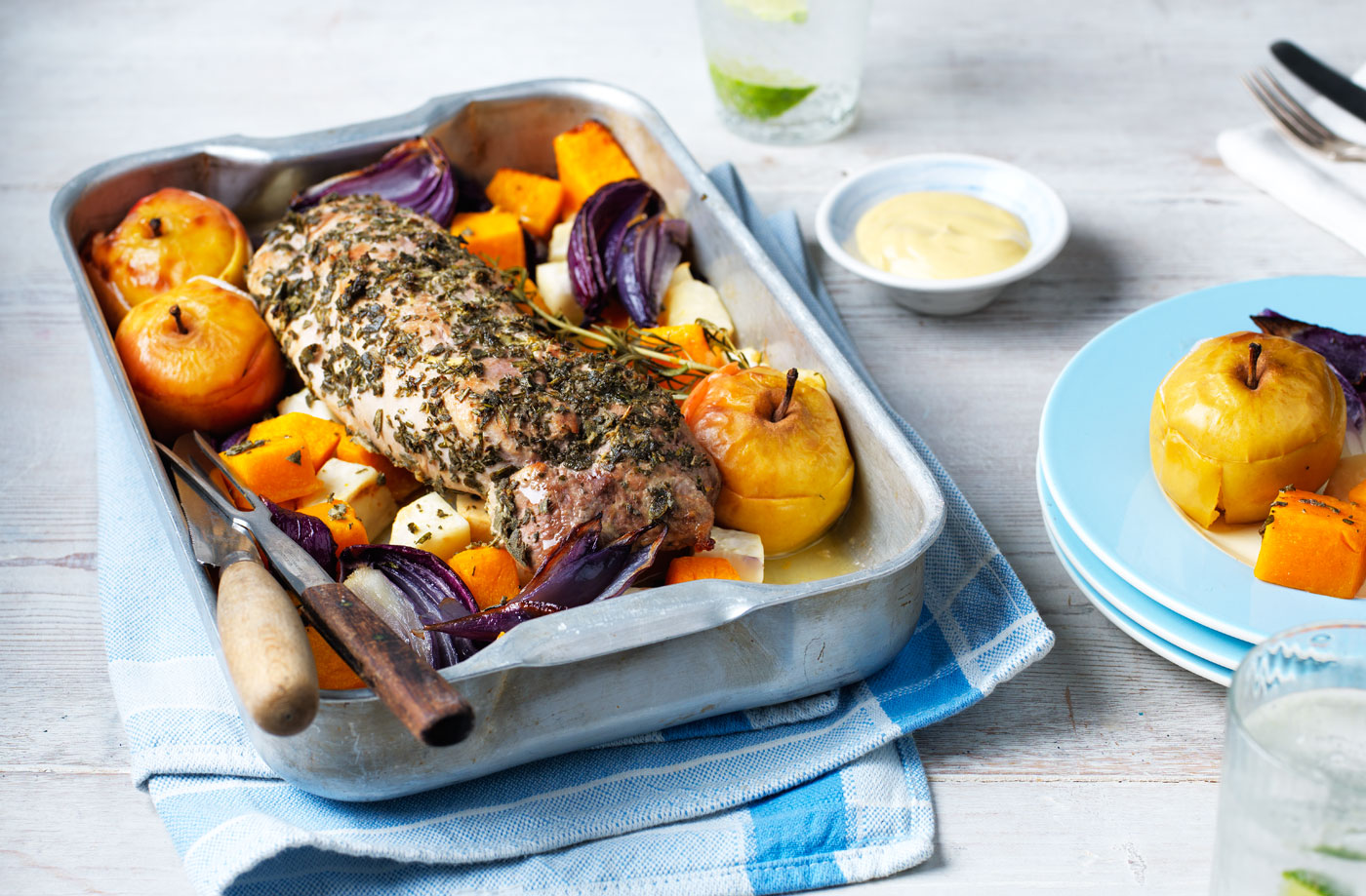 Healthy herb and mustard rolled pork fillet recipe