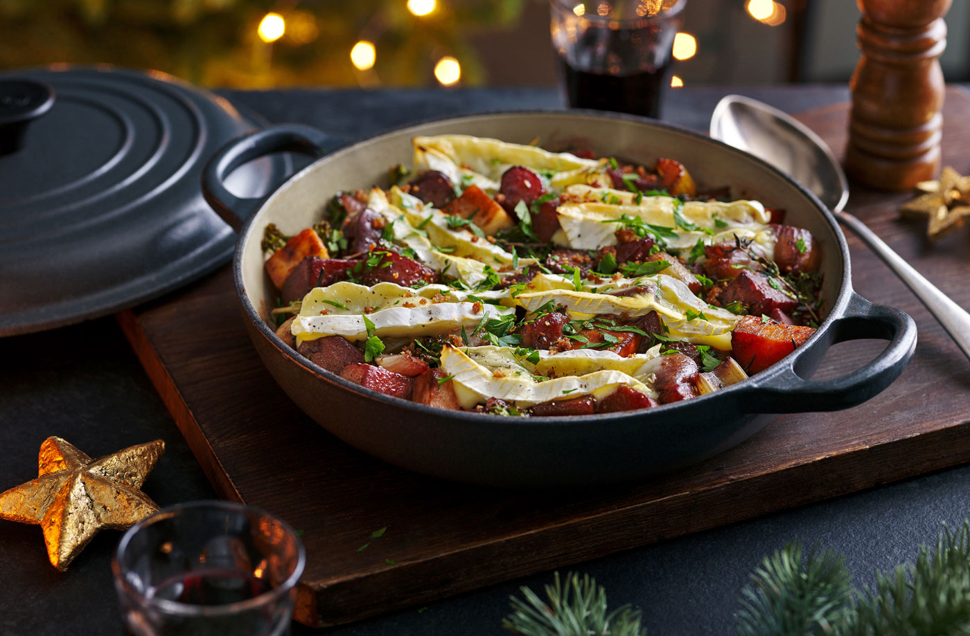 Brie-topped root veg bake  recipe