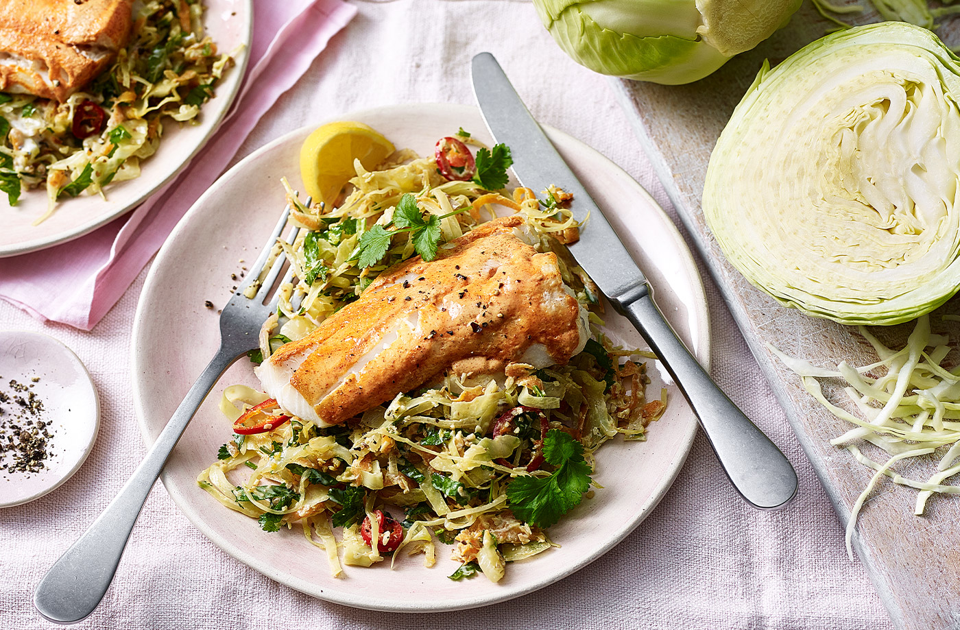 Tandoori-spiced fish with Keralan cabbage recipe