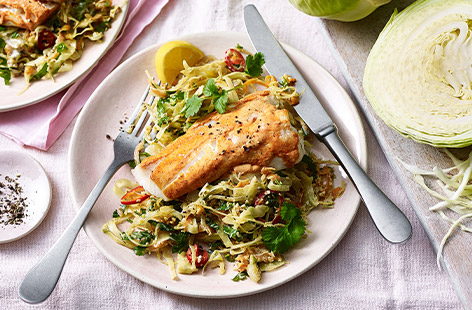 This Indian-inspired recipe for Tandoori-spiced fish with Keralan cabbage is a quick and vibrant way to spice up your mealtimes
