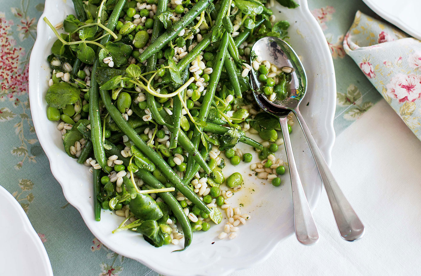 Peas, green beans and broad beans with barley and watercress recipe