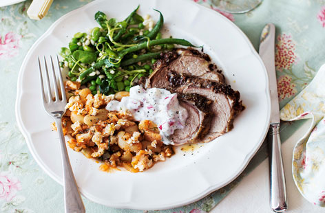 This slow-cooked, Greek-style roast lamb is full of fresh, seasonal flavour, served with flavoursome radish and mint tzatziki