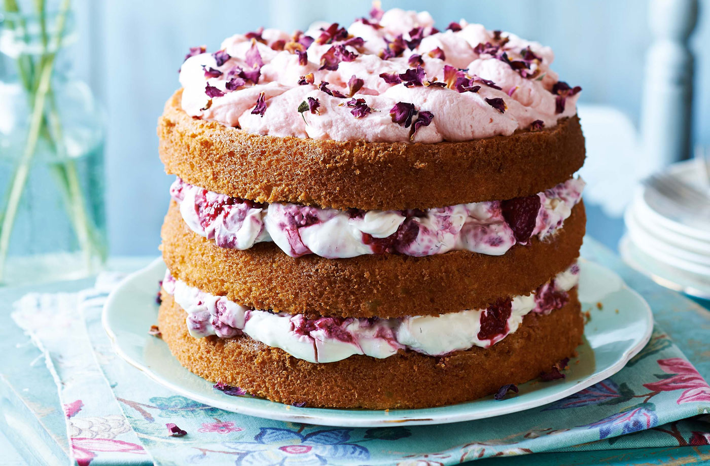 Raspberries and cream cake with rose petals recipe