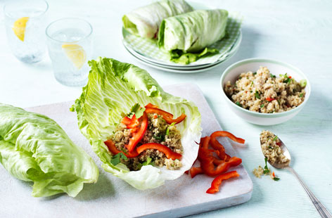 These cheap and cheerful lettuce wraps are filled with zingy, zesty quinoi with pepper, spring onion and soft cheese. Stuff the lettuce with the quinoi mixture, roll it up, then secure with a cocktail stick for a refreshing nibble that makes a change from crisps.