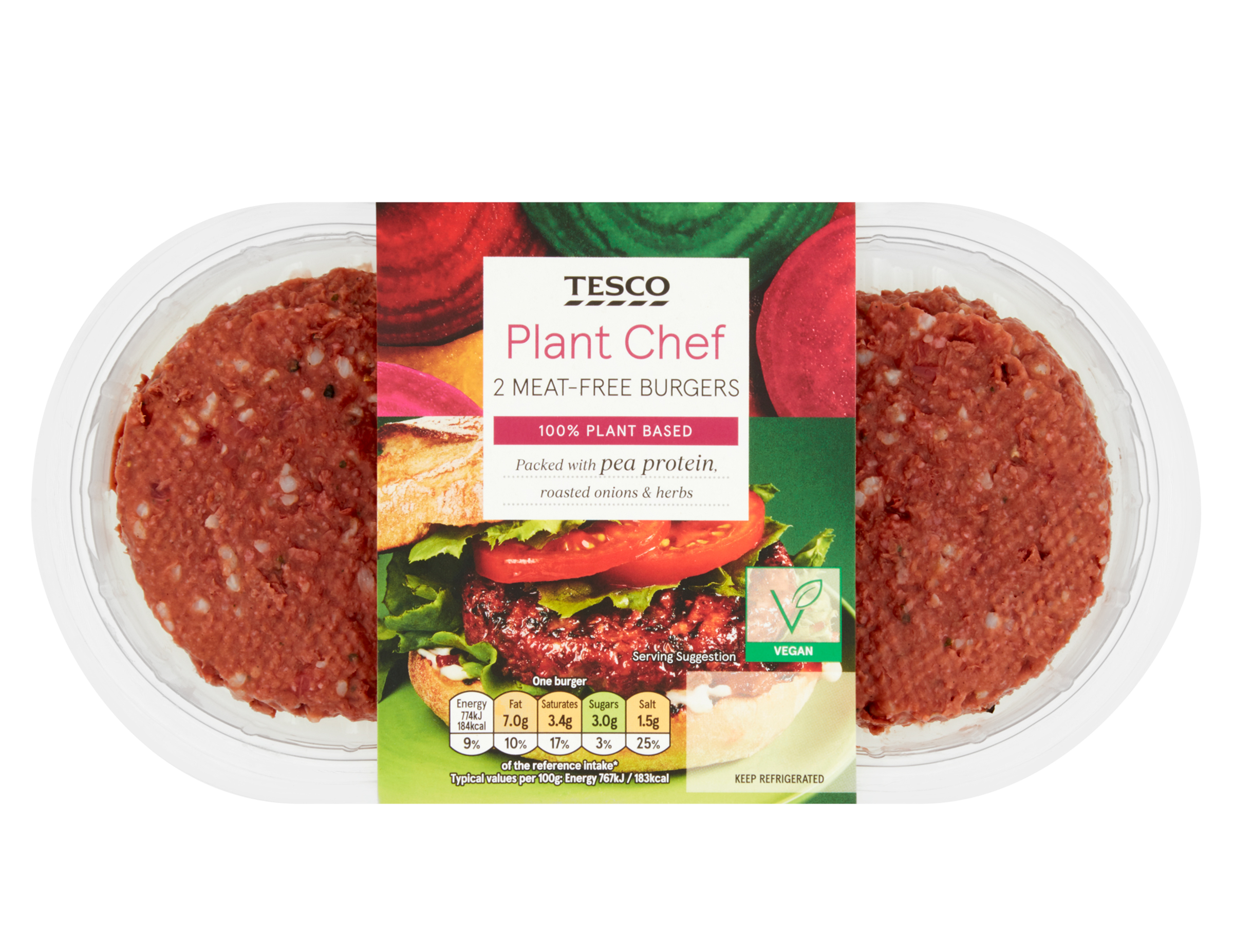 Tesco Plant Chef Meat-free BurgersPacked with pea protein, roasted onions and herbs