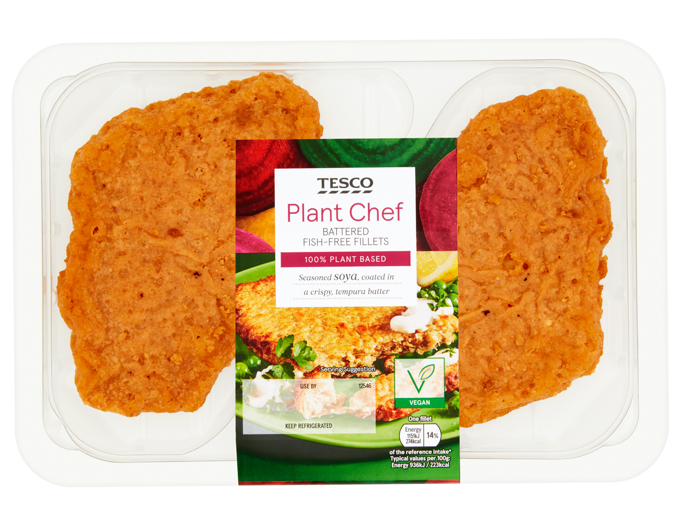 Tesco Plant Chef Battered Fish-free FilletsSeasoned soya coated in a crispy tempura batter