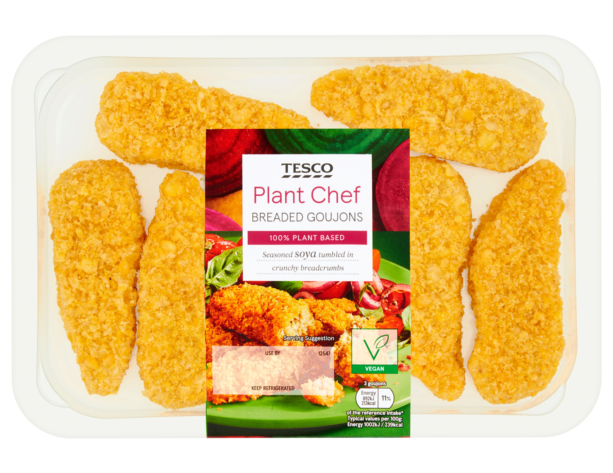 Tesco Plant Chef Breaded GoujonsSeasoned soya tumbled in crunchy breadcrumbs