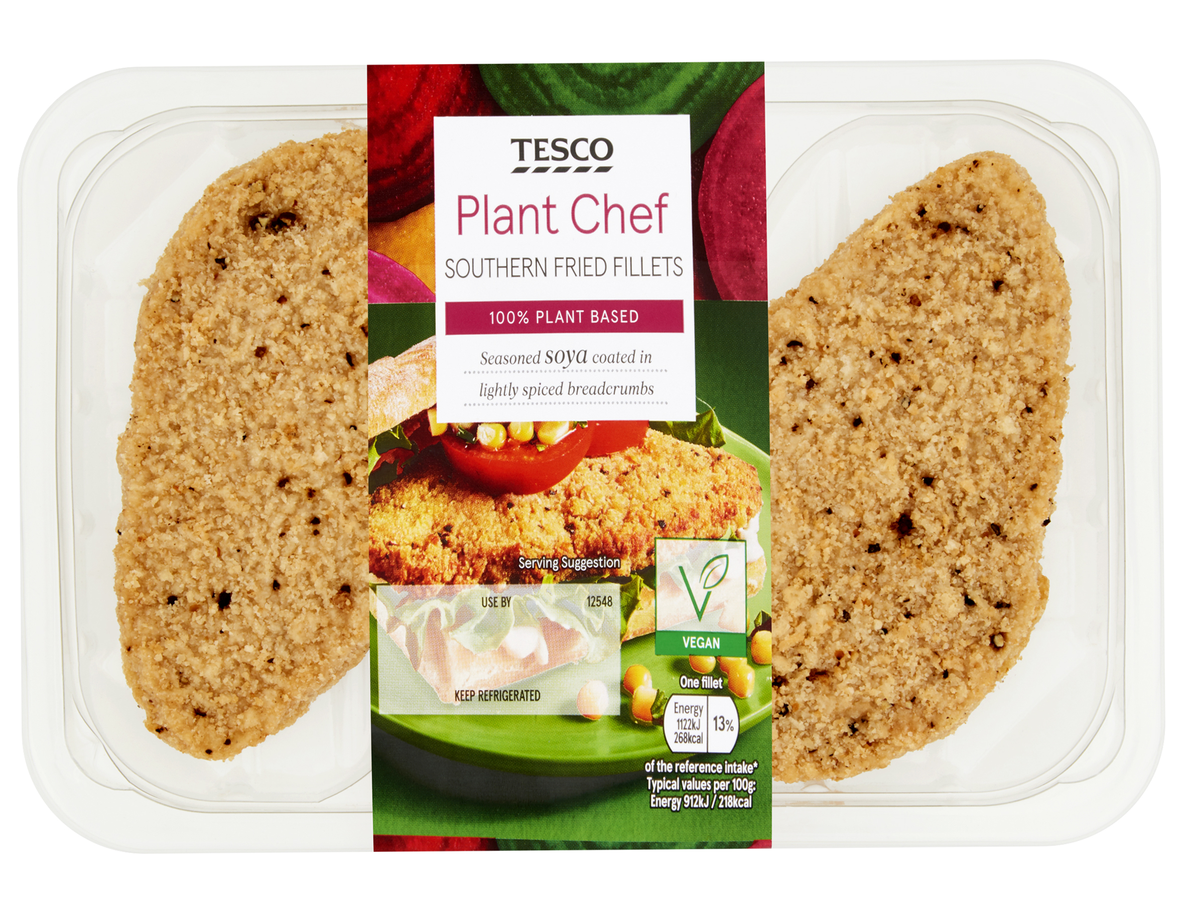 Tesco Plant Chef Southern Fried FilletsSeasoned soya coated in lightly spiced breadcrumbs