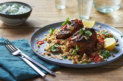 Tandoori chicken thighs with cauliflower pilaf