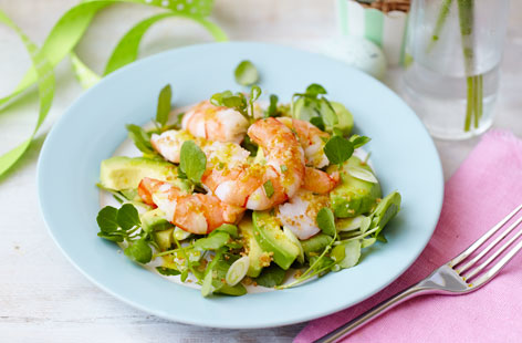 This super salad is made with avocado and prawns and topped with a tarragon dressing and lemon crumbs