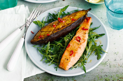 Infused with Asian flavours, this salmon and aubergine dish is an ideal fuss-free midweek meal.