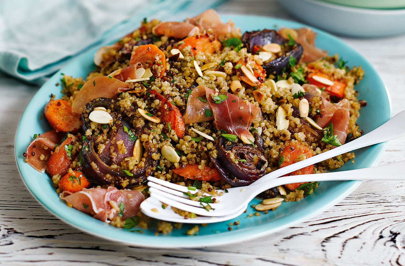Roasted carrot quinoa with almonds and cured ham recipe