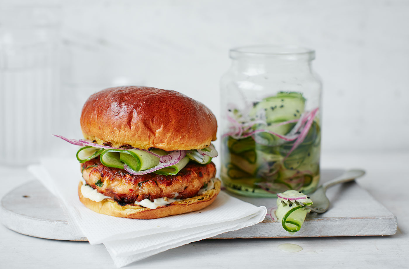 Asian-spiced salmon burgers with pickled cucumber recipe
