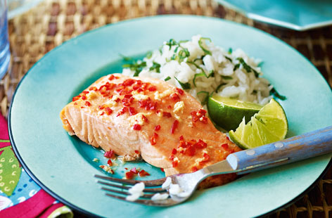 For this delicious Thai-inspired dish, ready in under half an hour, sesame, chilli and ginger-rubbed salmon is baked until just-cooked. However the real star of the show is the Jasmine rice with mint and basil: it's cooked in coconut milk, rendering it beautifully fragrant.