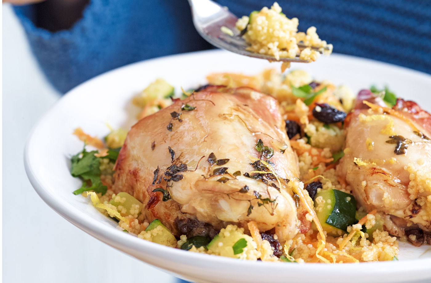 Thyme, honey and garlic roasted chicken with fruity couscous recipe