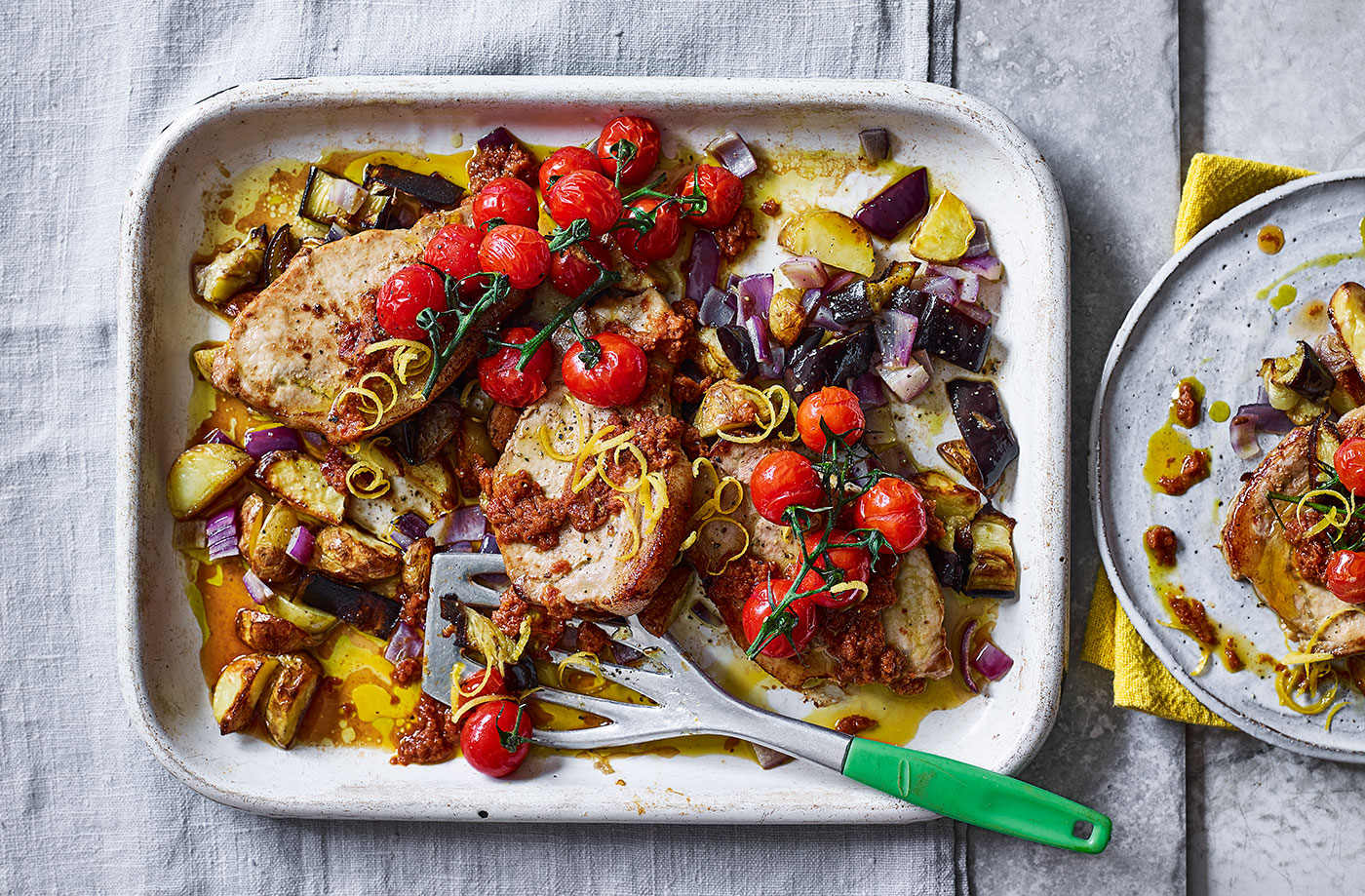 Tomato-coated pork traybake with potatoes recipe