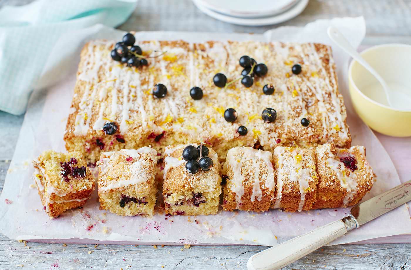 Iced lemon, coconut and blackcurrant traybake recipe